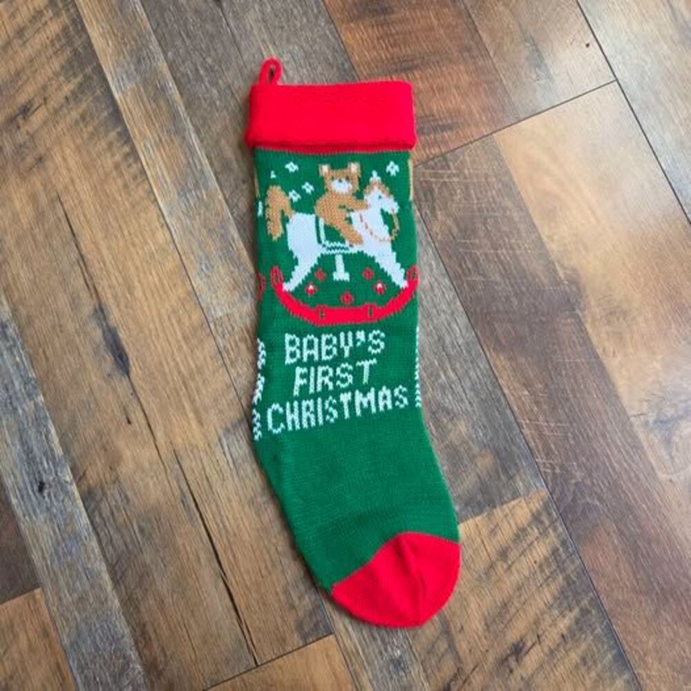 Vintage Handmade Baby's First Christmas Knitted Stocking Holiday Rocking Horse